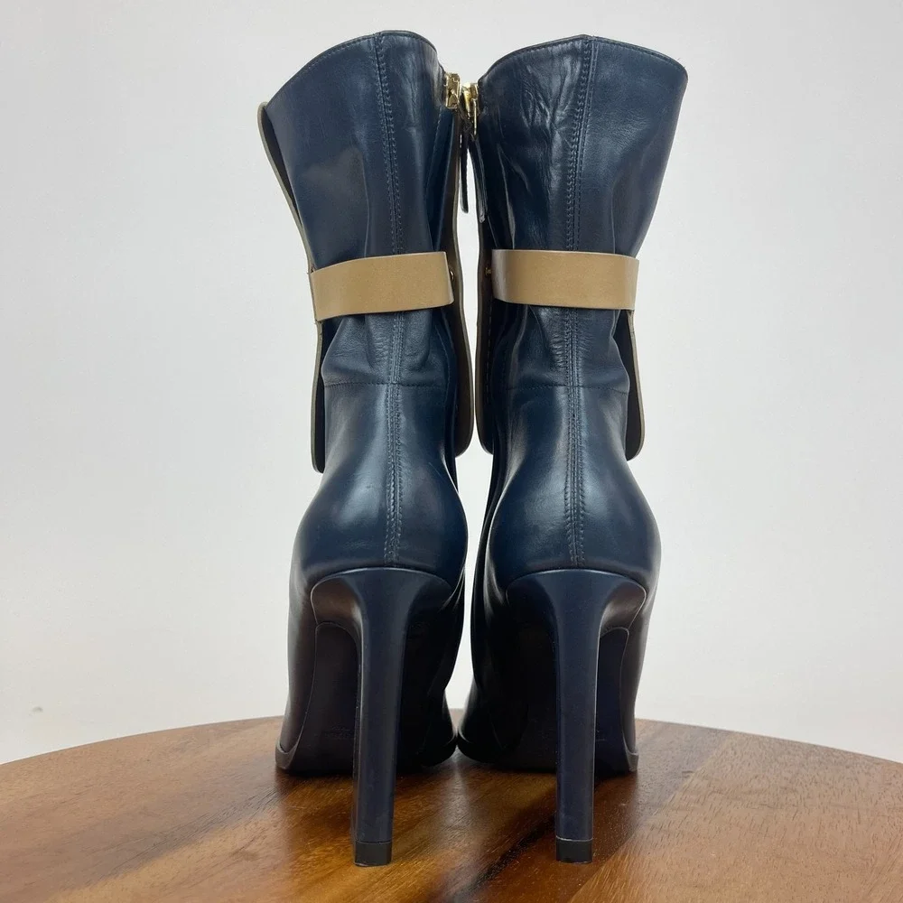 Womens‎ Jil Sander Blue Brown Leather Heeled Ankle Booties Boots Size 35 US 5 M